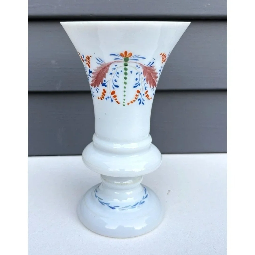 Antique Bristol opaline blown glass vase hand painted flowers EVC Victorian